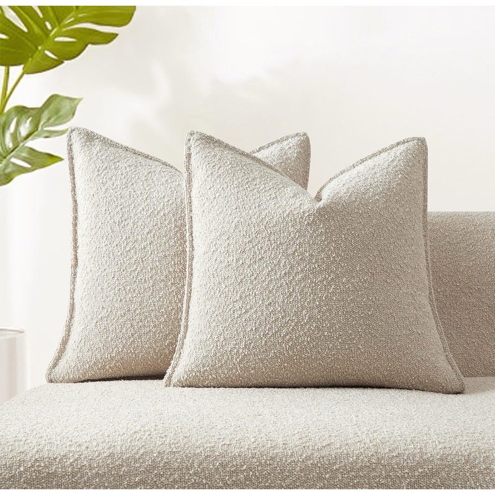 Boucle Throw Pillow Covers Set (2) Beige 26x26 Textured Cushion Hidden Zip NEW